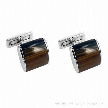 Stainless Steel Cufflinks with Brown Opals, Concise and Fashionable